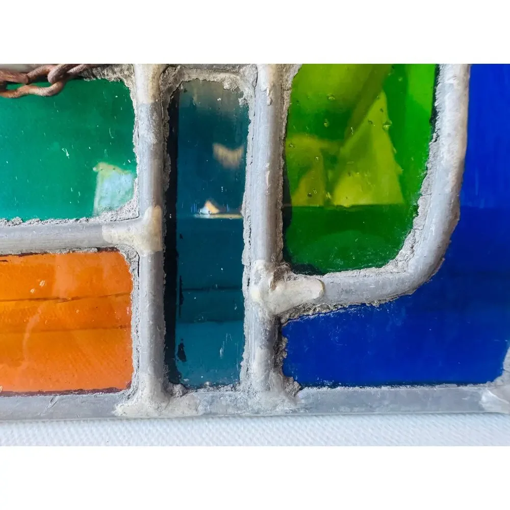Vintage Leaded Stained Glass Window Panel Art Deco Style Geometric Hanging